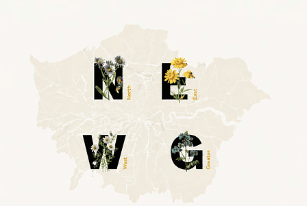 Map of London with botanical letters N, E, W and G marking North, East, West and Greater London
